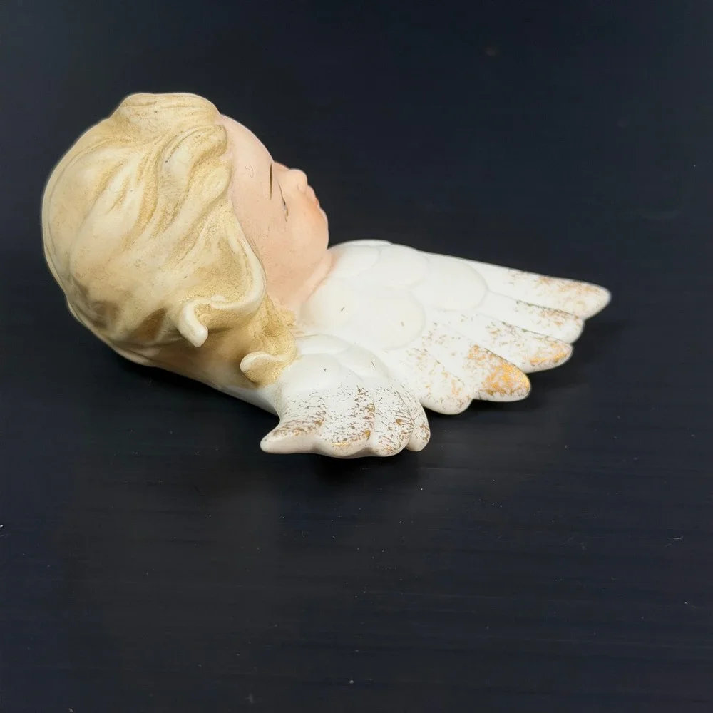 Vtg Lefton Wall Bisque Porcelain White Angel Cherub Set Gold Accent KW2342